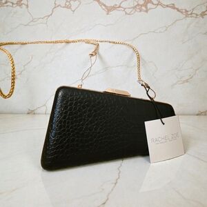 Rachel Zoe NWT Black Croc-Embossed Clutch w/ Gold Chain
